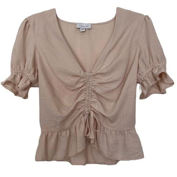 Topshop Romantic Crop Top Ruffle Short Sleeves Low V Neck Peplum Ruched Blush 4 - Picture 1 of 9